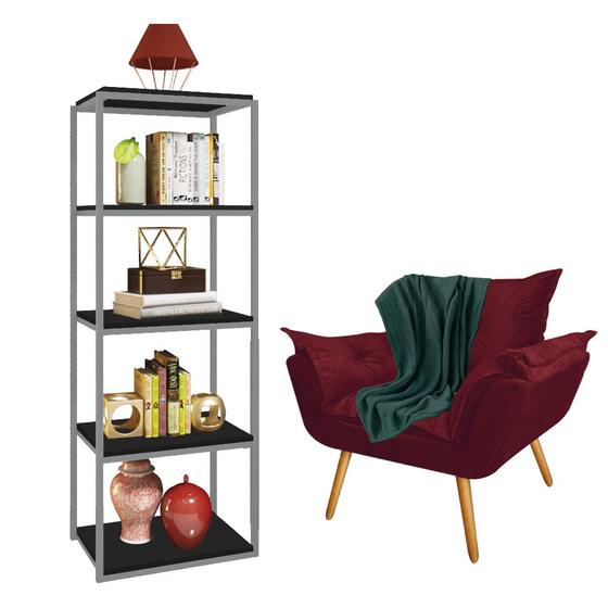 Imagem de Kit Poltrona Fatte com Manta Soft Verde e Estante Livreiro Ferro Cinza MDF Preto Suede Bordô - Ahazzo Móveis