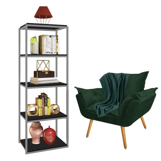 Imagem de Kit Poltrona Fatte com Manta Soft Verde e Estante Livreiro Ferro Cinza MDF Preto Suede Verde Musgo - Ahz Móveis