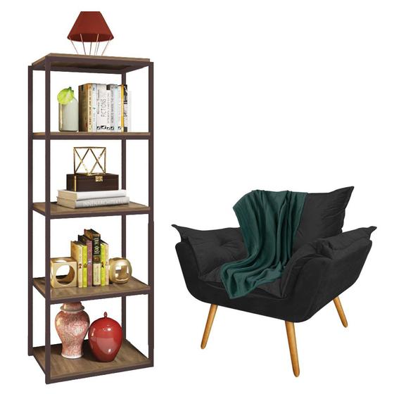 Imagem de Kit Poltrona Fatte com Manta Soft Verde e Estante Livreiro Ferro Marrom MDF Imbuia Suede Preto - Ahz Móveis