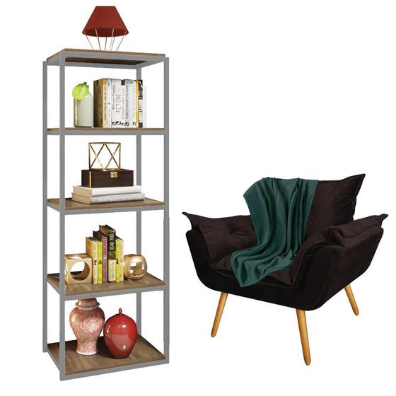 Imagem de Kit Poltrona Fatte com Manta Soft Verde e Estante Livreiro Ferro Prata MDF Imbuia Suede Marrom - Ahazzo Móveis