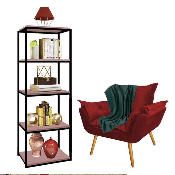 Imagem de Kit Poltrona Fatte com Manta Soft Verde e Estante Livreiro Ferro Preto MDF Rose Suede Vermelho - Ahazzo Móveis