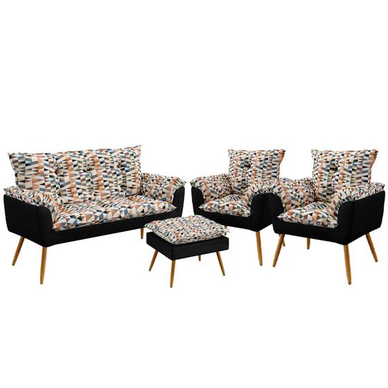 Imagem de Kit Poltrona Namoradeira e 2 Poltronas Beta com Puff Lunar Suede Estampado Laranja com Preto Aradeco