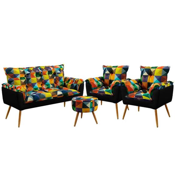 Imagem de Kit Poltrona Namoradeira e 2 Poltronas Beta com Puff Solar Suede Estampado Colorido com Preto Aradec
