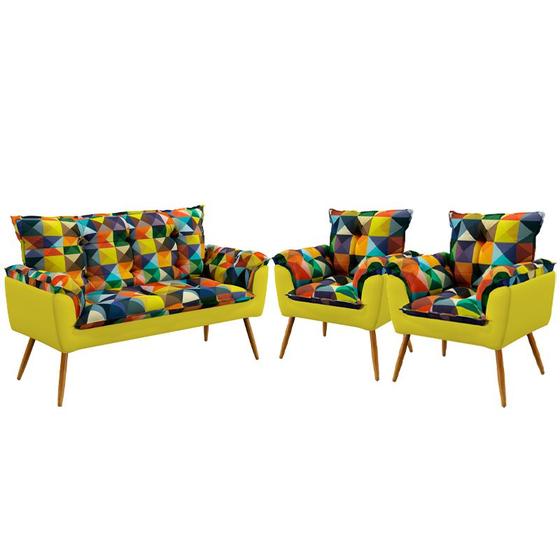 Imagem de Kit Poltrona Namoradeira e 2 Poltronas Beta Suede Estampado Colorido com Amarelo Aradecor