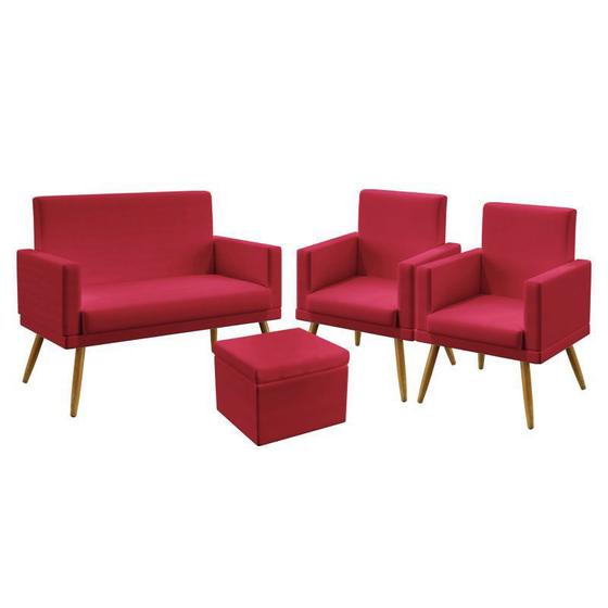 Imagem de Kit Poltrona Namoradeira e 2 Poltronas Decorativas Almofadadas Nina Com Rodapé com Puff Quasar Sued Vermelho Aradecor