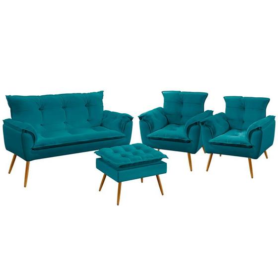 Imagem de Kit Poltrona Namoradeira e 2 Poltronas Decorativas Beta com Puff Lunar Sued Azul Turquesa Aradecor