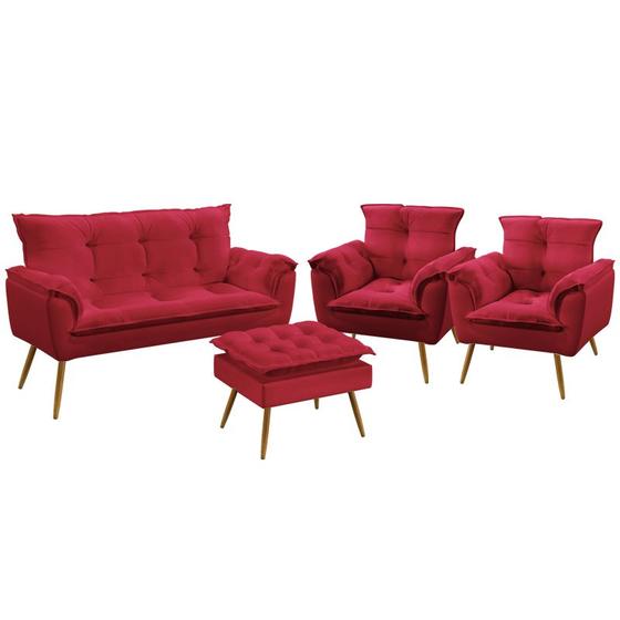 Imagem de Kit Poltrona Namoradeira e 2 Poltronas Decorativas Beta Puff Lunar Sued Vermelho Aradecor