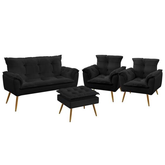 Imagem de Kit Poltrona Namoradeira e 2 Poltronas Decorativas Beta Puff Lunar Suede Preto Aradecor