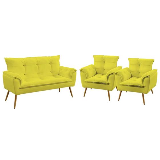 Imagem de Kit Poltrona Namoradeira e 2 Poltronas Decorativas Beta Sued Amarelo Aradecor