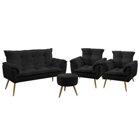 Imagem de Kit Poltrona Namoradeira e 2 Poltronas Decorativas Estofada Opala Puff Solar Sued Preto Aradecor