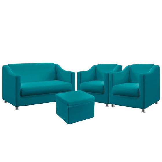 Imagem de Kit Poltrona Namoradeira e 2 Poltronas Decorativas Estofadas Alya Com Puff Quasar Sued Azul Turquesa Aradecor