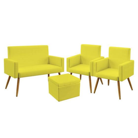 Imagem de Kit Poltrona Namoradeira e 2 Poltronas Decorativas Para Sala De Estar Nina com Puff Quasar Sued Amarelo Aradecor