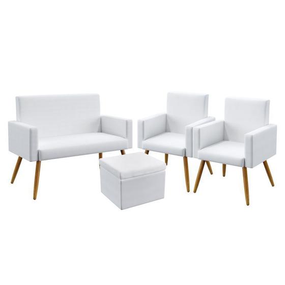 Imagem de Kit Poltrona Namoradeira e 2 Poltronas Decorativas Vega com Puff Quasar Couro Artificial Branco Aradecor