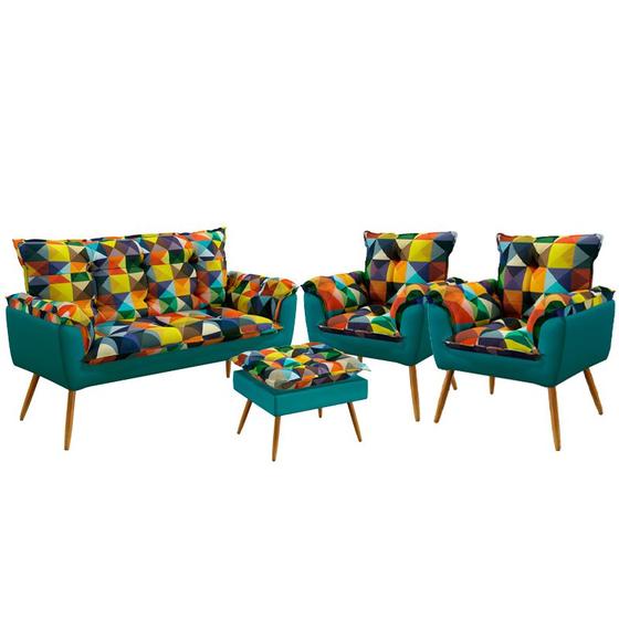 Imagem de Kit Poltrona Namoradeira e 2 Poltronas Estofadas Beta com Puff Lunar Sued Estampado Colorido com Azul Turquesa Aradecor