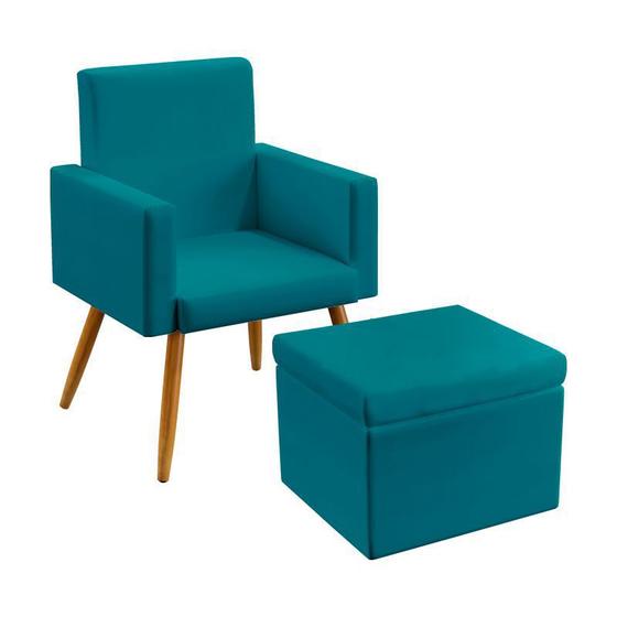 Imagem de Kit Poltrona Para Sala de Estar Vega com Puff Quasar Sued Azul Turquesa Aradecor