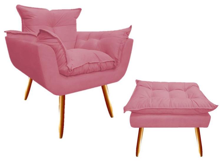 Imagem de Kit Poltrona + Puff Decorativo Opala Suede Rosa Pés Madeira Mz Decor