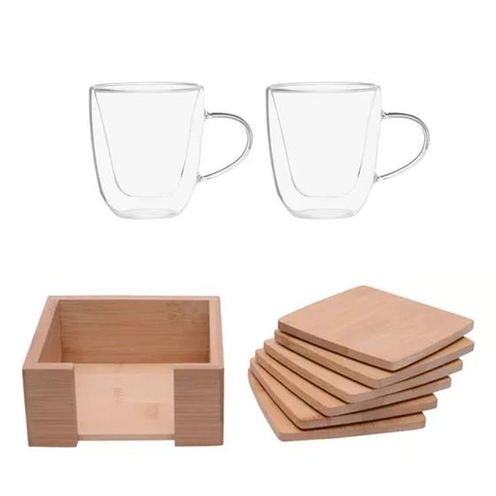 Imagem de Kit Porta 6 Copos De Bambu + 2 Xícaras De Café Borossilicato