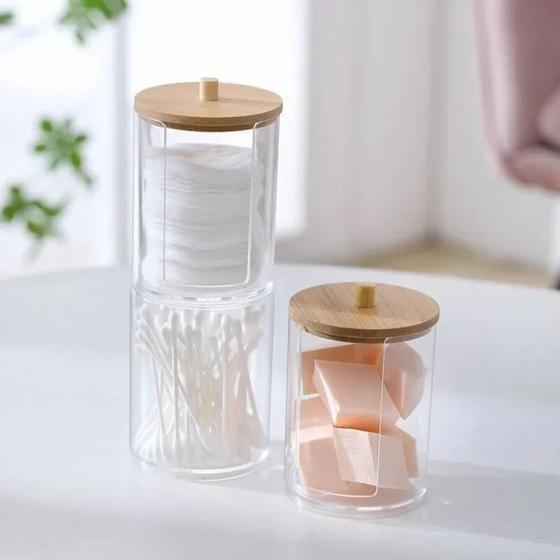 Imagem de Kit Porta Algodão e Porta Cotonete com Tampa de Bambu