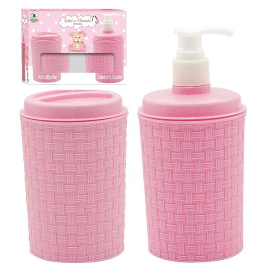 Imagem de Kit Porta Algodão E Porta Sabonete Líquido Rattan Bebê Rosa