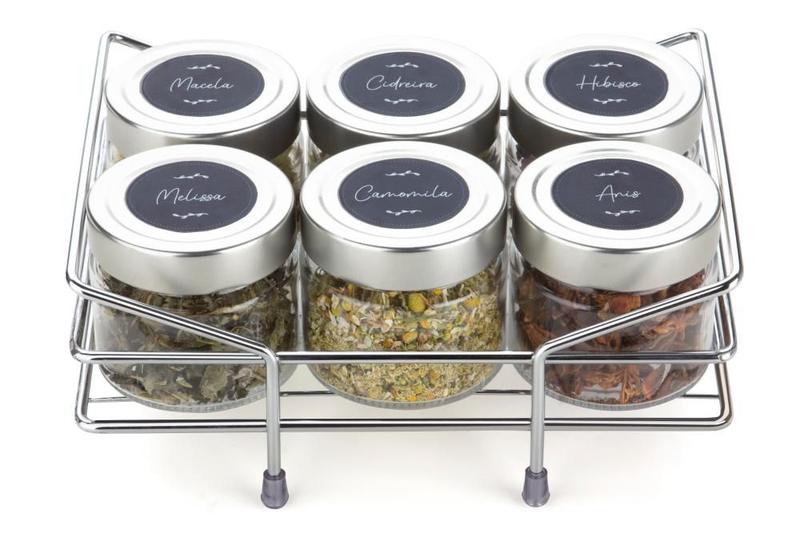 Imagem de Kit Porta Condimentos Chá Temperos 6 Potes De Vidro 195ml Acompanha Cartela Adesivos Para Identificar Os Temperos Cozinha Organização Organizador Casa Smart House