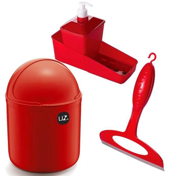 Imagem de Kit Porta Detergente Dispenser Bucha Pia Rodinho Vermelho