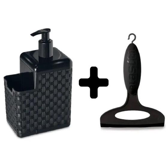 Imagem de Kit Porta Detergente e Sabonete Líquido + Rodinho De Pia Preto Luxo Rattan Cozinha Banheiro