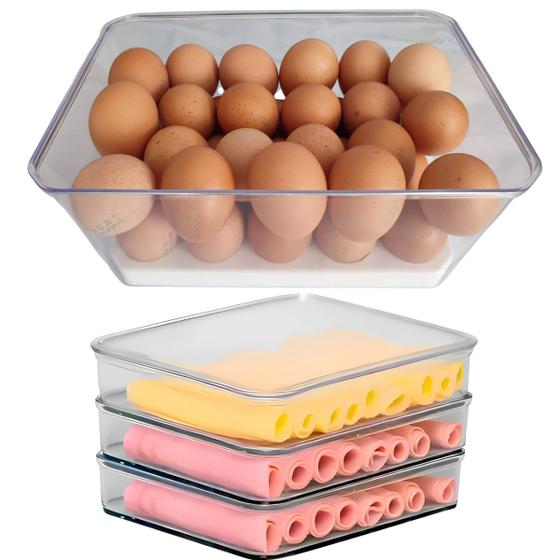 Imagem de Kit Porta Frios Luxo Acrílico 3 Compartimentos + Porta Ovos 30un Organizador de Geladeira