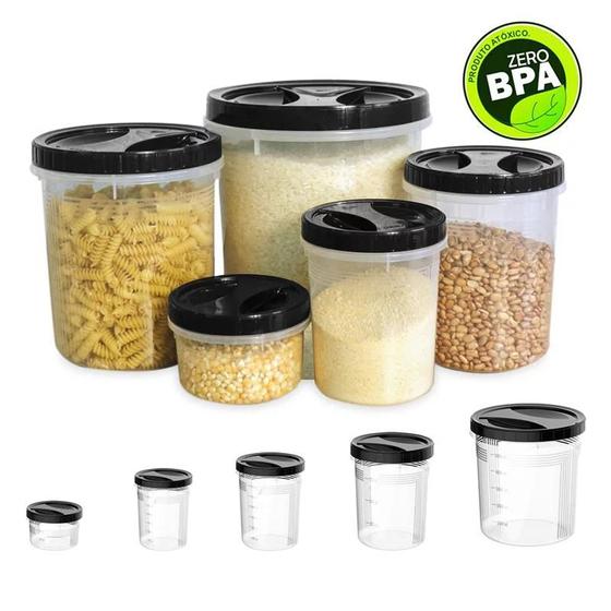 Kit Porta Mantimentos 5 Peças Com Tampa Preta de Rosca Menor preço em Kit Porta Mantimentos 5 Peças Com Tampa Preta de Rosca