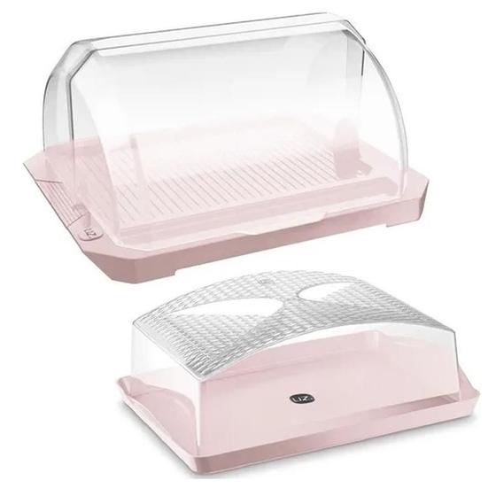 Imagem de Kit Porta Pão Premium + Boleira Retangular Com Tampa Uz Rosa