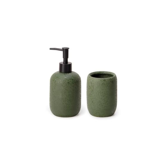 Kit Porta-sabonete Líquido e Copo em Cerâmica Verde Menor preço em Kit Porta-sabonete Líquido e Copo em Cerâmica Verde