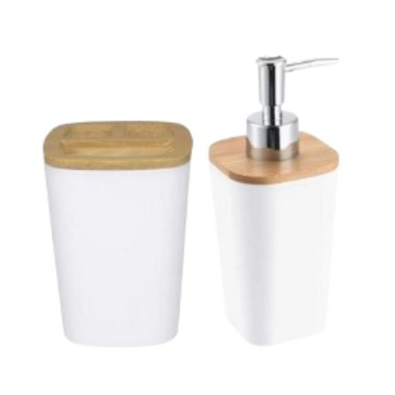 Imagem de Kit Porta Sabonete Líquido e Porta Escova de Dente Plástico Bambu Branco Preto ou Cinza