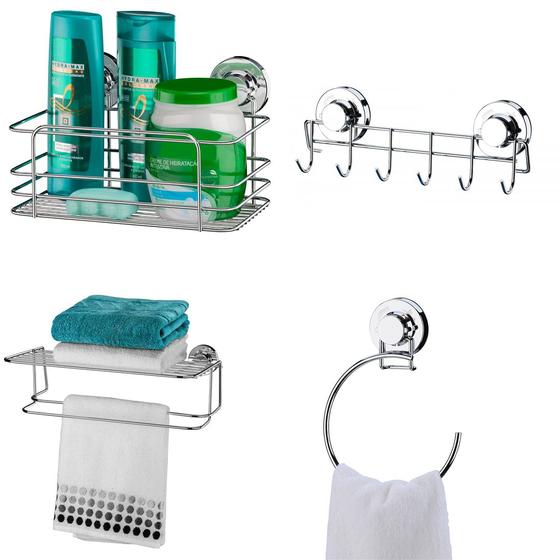 Imagem de Kit Porta Shampoo + Suporte 6 Ganchos + Toalheiro 45 Cm Com Prateleira + Toalheiro Argola Ventosa