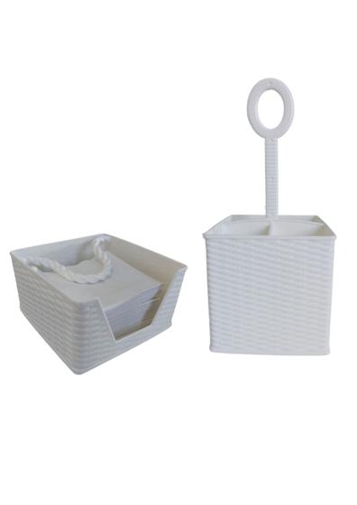 Imagem de Kit Porta Talher c Divisórias Plástico Rattan + Porta Guardanapo Papel Mesa Cozinha