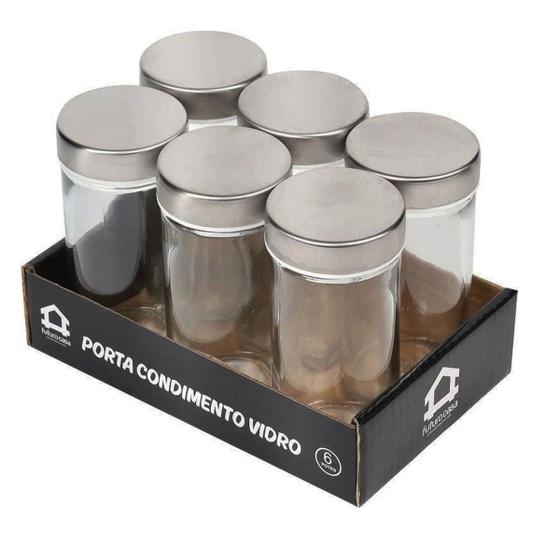 Imagem de Kit Porta Temperos com 6 Potes Vidro Tampa Inox 80 ML