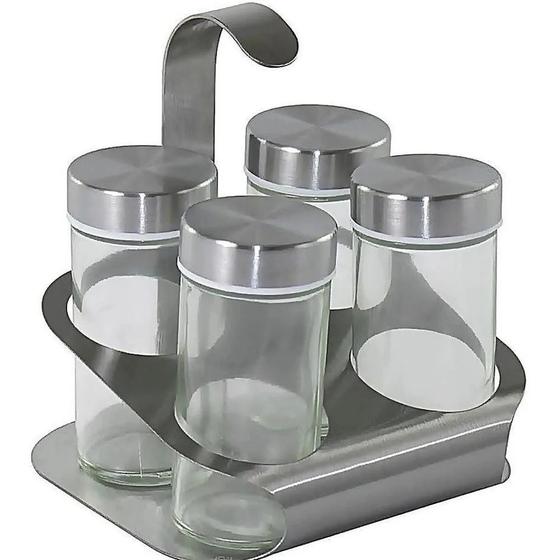 Imagem de Kit Porta Temperos Condimentos Inox e Vidro 04 Pçs e Suporte