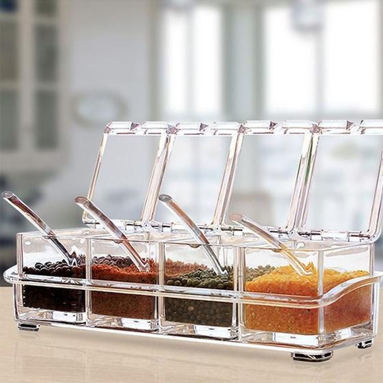 Imagem de Kit Porta Temperos E Condimentos Açucareiro Saleiro Em Acrilico 4 Potes Com Colher Para Cozinha
