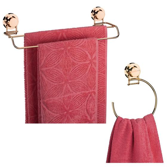 Imagem de Kit Porta Toalha Argola Toalheiro Duplo Ventosa Rose Gold