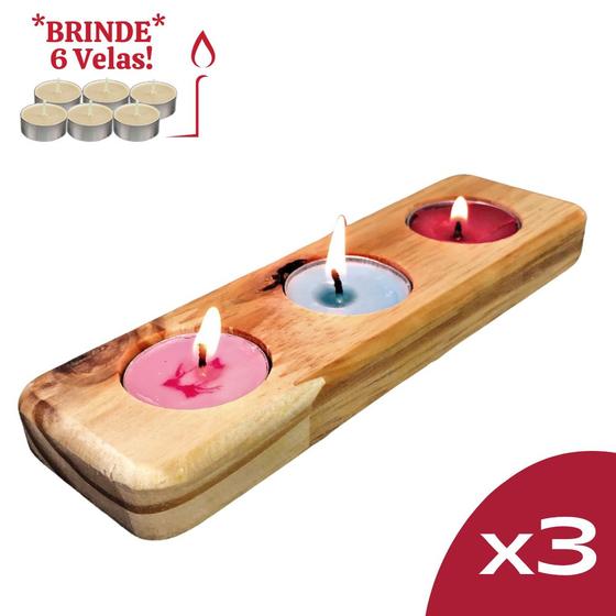 Imagem de Kit Porta Velas Formato Triplo Rechaud - Suporte para Velas Madeira Maciça - Incensário - Decoração - Castiçal - Buda - Suporte - Durável