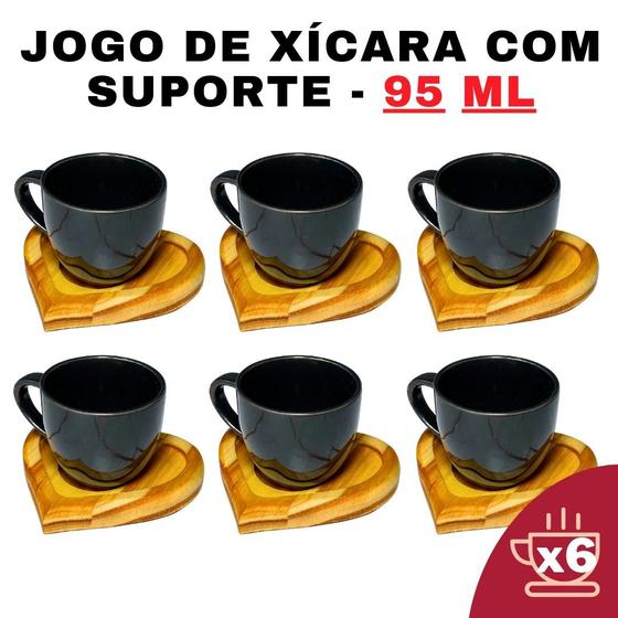 Imagem de Kit Porta Xícara Coração com Xícara Porcelana Preto 95ml - Conjunto-Café-Design-Moderno-Suporte-Prático-Personalizada