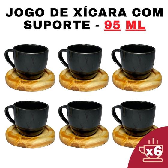 Imagem de Kit Porta Xícara Redondo Com Xícara em Porcelana Preto 95ml - Design-Moderno-Suporte-Prático-Alta-Qualidade-Conjunto-Café