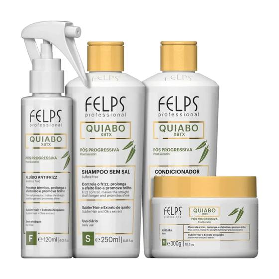 Imagem de Kit Pós progressiva de Quiabo Felps Shampoo+Condicionador+Máscara+Fluído antifrizz