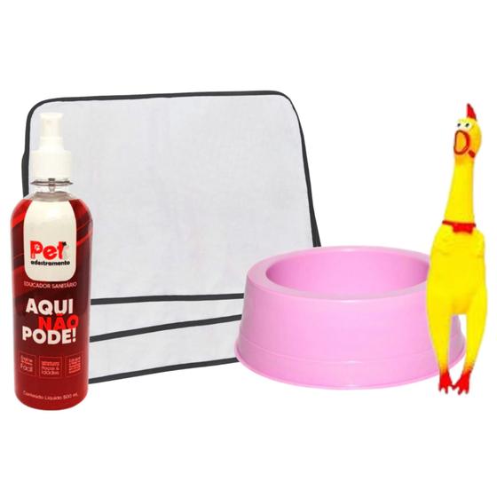 Imagem de Kit Pote Comedouro Pet + Brinquedo Pet Frango + Aqui Não Pode 500ml + 3 Tapetes Higiênicos Pet