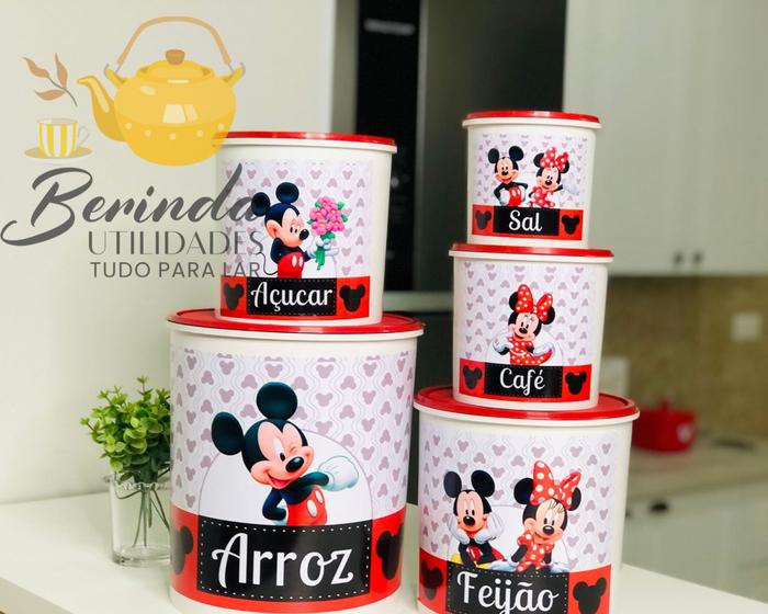 Imagem de kit pote mantimentos plastico 5 potes cozinha personalizado mickey