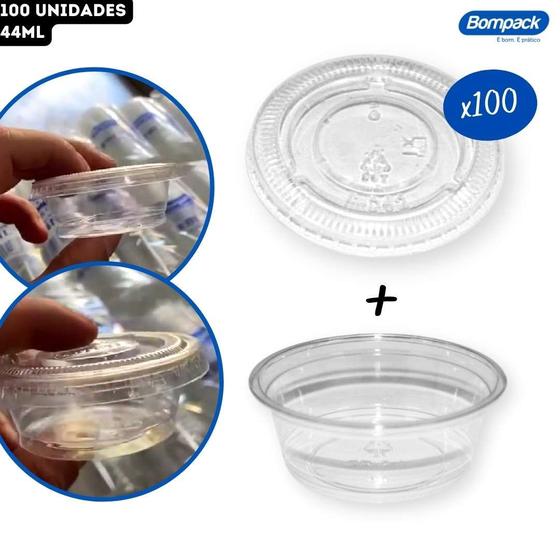 Imagem de Kit Pote Molheira 44ml + Tampa Hiper Resistente Molhos Delivery Bompack - 100 Unidades