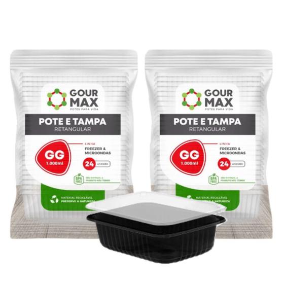 Imagem de Kit Pote Preto C/ 48un 1000ml 1l Descartável Marmita Freezer Retangular C/ Tampa