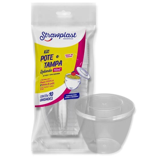 Imagem de Kit pote/tampa 150 ml. strawplast p/ sobremesas c/ 10 un.