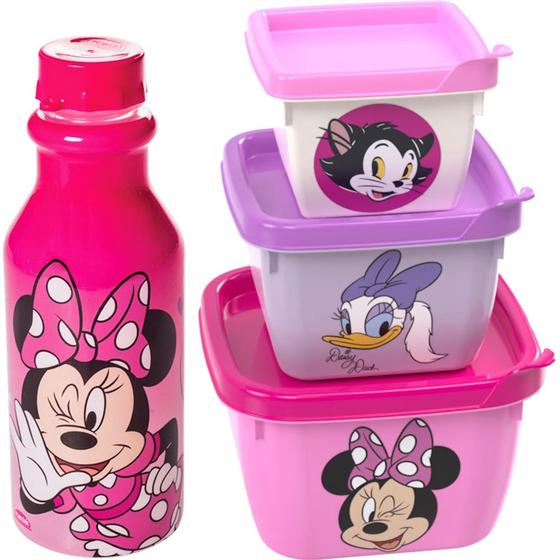 Imagem de Kit Potes e Garrafa Infantil Minnie Rosa Lanche Escolar