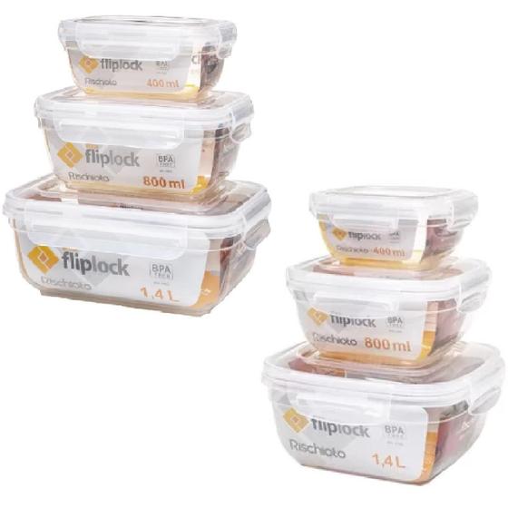Imagem de Kit Potes Fliplock Quadrado E Retangular 400Ml 800Ml 1,4L