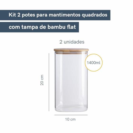 Imagem de Kit Potes Hermeticos De Vidro Quad Flat Bambu 1400Ml - 2Pçs