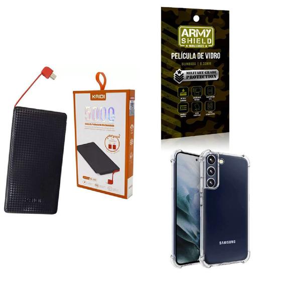 Kit Power Bank 5.000mAh + Capinha Samsung S22 + Película 3D - Armyshield Imagem de Kit Power Bank 5.000mAh + Capinha Samsung S22 + Película 3D